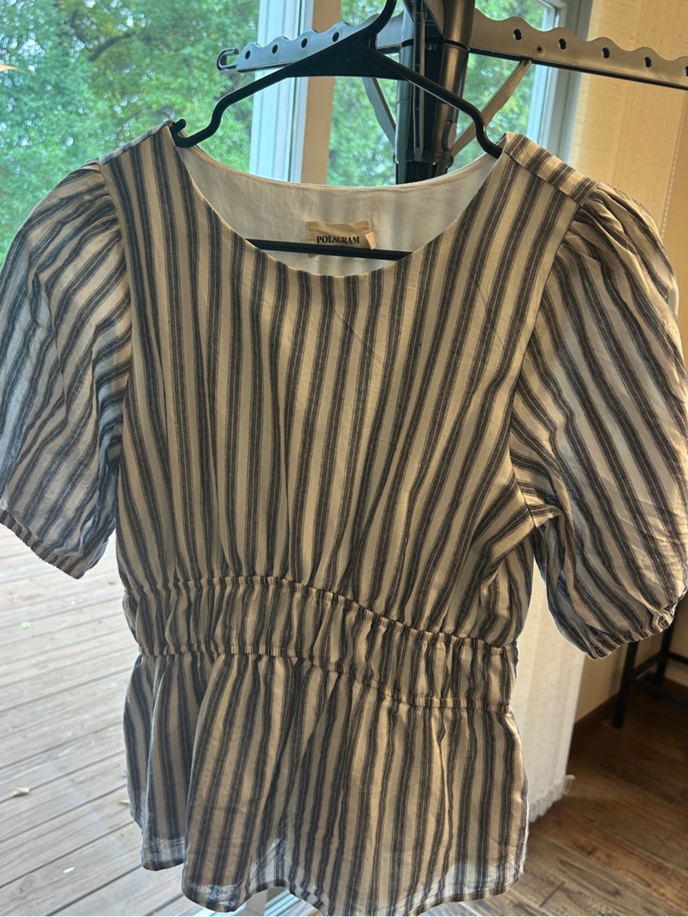 Poler Navy and White Striped Puff Sleeve Peplum Blouse